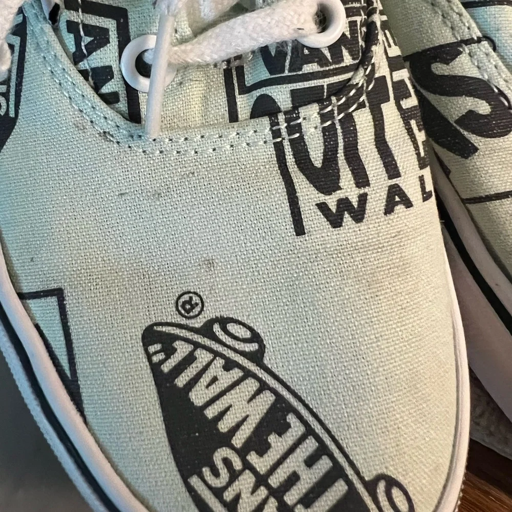 VANS Off the Wall Classic Low Top Logo Collage Sneakers Mint Green Black Wms 6.5